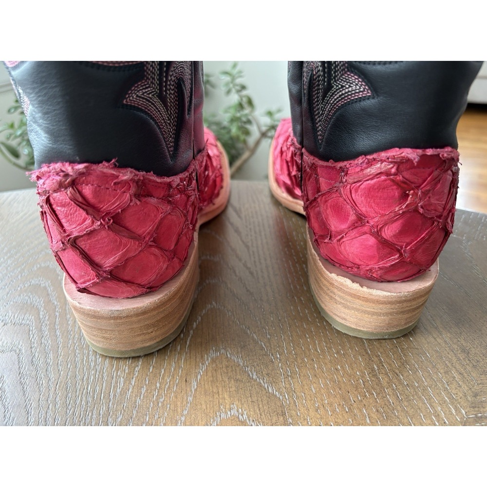 Corral Women Pink Pirarucu Fish Skin Black Leather Western Boot A4386 Square Toe - Picture 12 of 13